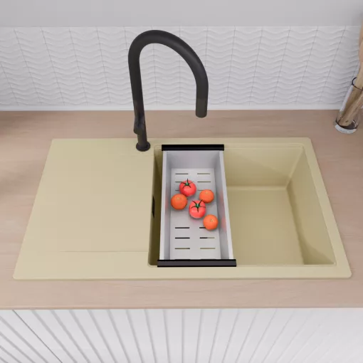 HD Onyx Beige 86-XL egymedencés gránit mosogatótálca szett, csepegtetőtálcával, vágódeszkával, acél csepegtetőráccsal és kosárral, soft bézs színben, matt fekete leeresztő szifonnal