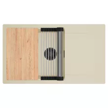 HD Onyx Beige 86-XL egymedencés gránit mosogatótálca szett, csepegtetőtálcával, vágódeszkával, acél csepegtetőráccsal, soft bézs színben, matt fekete leeresztő szifonnal