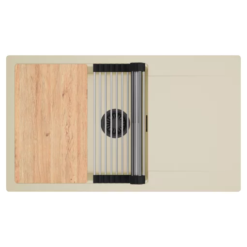 HD Onyx Beige 86-XL egymedencés gránit mosogatótálca szett, csepegtetőtálcával, vágódeszkával, acél csepegtetőráccsal, soft bézs színben, matt fekete leeresztő szifonnal