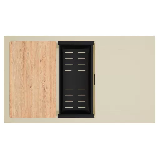 HD Onyx Beige 86-XL egymedencés gránit mosogatótálca szett, csepegtetőtálcával, vágódeszkával, matt fekete csepegtetőkosárral, soft bézs színben, matt fekete leeresztő szifonnal