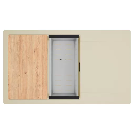 HD Onyx Beige 86-XL egymedencés gránit mosogatótálca szett, csepegtetőtálcával, vágódeszkával, acél csepegtetőkosárral, soft bézs színben, matt fekete leeresztő szifonnal