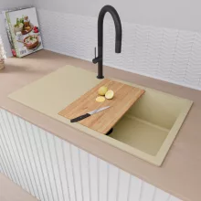 HD Onyx Beige 86-XL egymedencés gránit mosogatótálca szett, csepegtetőtálcával, vágódeszkával, acél csepegtetőkosárral, soft bézs színben, matt fekete leeresztő szifonnal