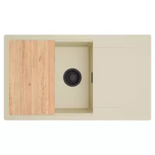 HD Onyx Beige 86-XL egymedencés gránit mosogatótálca, vágódeszkával, soft bézs színben, matt fekete leeresztő szifonnal