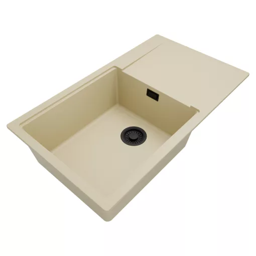 HD Onyx Beige 86-XL egymedencés gránit mosogatótálca, vágódeszkával, soft bézs színben, matt fekete leeresztő szifonnal