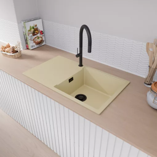 HD Onyx Beige 86-XL egymedencés gránit mosogatótálca, vágódeszkával, soft bézs színben, matt fekete leeresztő szifonnal