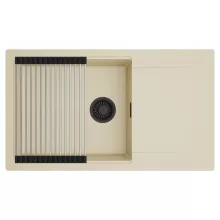 HD Onyx Beige 86-XL egymedencés mosogatótálca szett, acél csepegtetőráccsal, csepegtetőtálcával, soft bézs színben, matt fekete leeresztő szifonnal