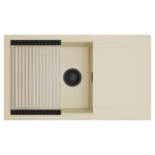 HD Onyx Beige 86-XL egymedencés mosogatótálca szett, acél csepegtetőráccsal, csepegtetőtálcával, soft bézs színben, matt fekete leeresztő szifonnal
