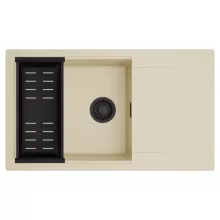 HD Onyx Beige 86-XL egymedencés mosogatótálca szett, matt fekete csepegtetőkosárral, csepegtetőtálcával, soft bézs színben, matt fekete leeresztő szifonnal