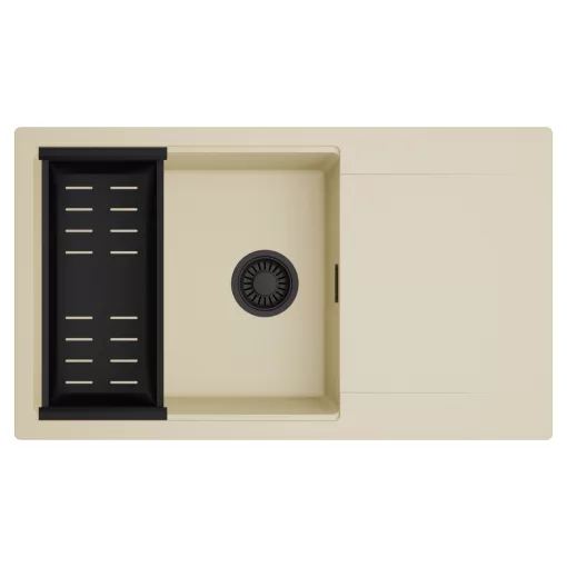HD Onyx Beige 86-XL egymedencés mosogatótálca szett, matt fekete csepegtetőkosárral, csepegtetőtálcával, soft bézs színben, matt fekete leeresztő szifonnal