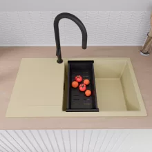 HD Onyx Beige 86-XL egymedencés mosogatótálca szett, matt fekete csepegtetőkosárral, csepegtetőtálcával, soft bézs színben, matt fekete leeresztő szifonnal