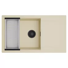 HD Onyx Beige 86-XL egymedencés mosogatótálca szett, acél csepegtetőkosárral, csepegtetőtálcával, soft bézs színben, matt fekete leeresztő szifonnal