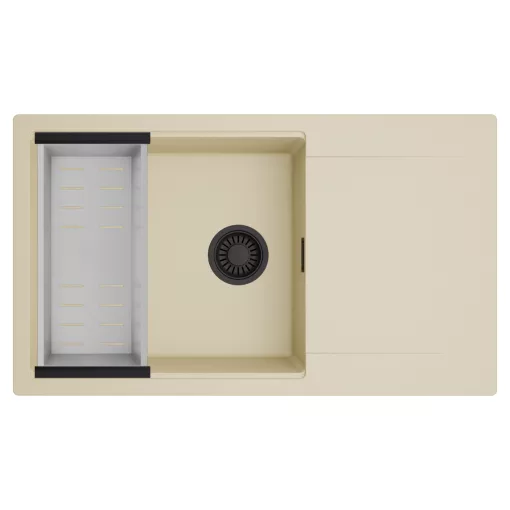 HD Onyx Beige 86-XL egymedencés mosogatótálca szett, acél csepegtetőkosárral, csepegtetőtálcával, soft bézs színben, matt fekete leeresztő szifonnal