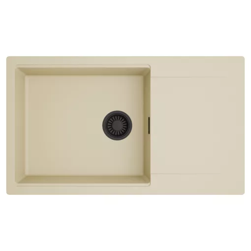 HD Onyx Beige 86-XL egymedencés mosogatótálca, csepegtetőtálcával, soft bézs színben, matt fekete leeresztő szifonnal