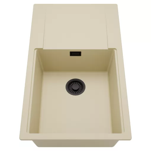 HD Onyx Beige 86-XL egymedencés mosogatótálca, csepegtetőtálcával, soft bézs színben, matt fekete leeresztő szifonnal