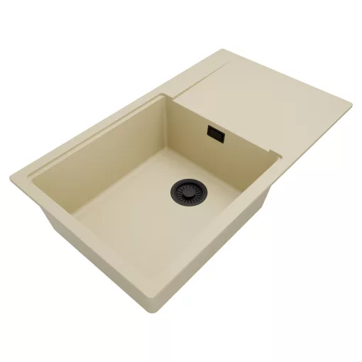 HD Onyx Beige 86-XL egymedencés mosogatótálca, csepegtetőtálcával, soft bézs színben, matt fekete leeresztő szifonnal