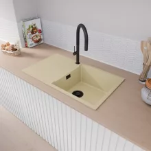 HD Onyx Beige 86-XL egymedencés mosogatótálca, csepegtetőtálcával, soft bézs színben, matt fekete leeresztő szifonnal