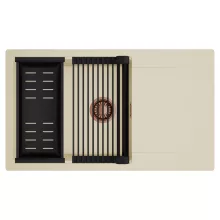 HD Onyx Beige 86-XL egymedencés mosogatótálca szett, matt fekete csepegtetőráccsal és kosárral, csepegtetőtálcával, soft bézs színben, szálcsiszolt réz leeresztő szifonnal