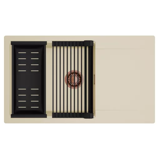 HD Onyx Beige 86-XL egymedencés mosogatótálca szett, matt fekete csepegtetőráccsal és kosárral, csepegtetőtálcával, soft bézs színben, szálcsiszolt réz leeresztő szifonnal