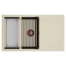 HD Onyx Beige 86-XL egymedencés mosogatótálca szett, matt fekete csepegtetőráccsal és krómozott kosárral, csepegtetőtálcával, soft bézs színben, szálcsiszolt réz leeresztő szifonnal