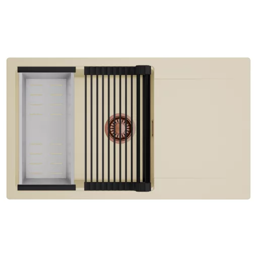 HD Onyx Beige 86-XL egymedencés mosogatótálca szett, matt fekete csepegtetőráccsal és krómozott kosárral, csepegtetőtálcával, soft bézs színben, szálcsiszolt réz leeresztő szifonnal