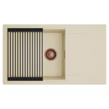 HD Onyx Beige 86-XL egymedencés mosogatótálca szett, matt fekete csepegtetőráccsal, csepegtetőtálcával, soft bézs színben, szálcsiszolt réz leeresztő szifonnal