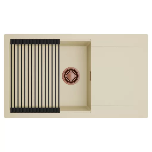 HD Onyx Beige 86-XL egymedencés mosogatótálca szett, matt fekete csepegtetőráccsal, csepegtetőtálcával, soft bézs színben, szálcsiszolt réz leeresztő szifonnal