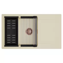 HD Onyx Beige 86-XL egymedencés mosogatótálca szett, acél csepegtetőráccsal és matt fekete kosárral, csepegtetőtálcával, soft bézs színben, szálcsiszolt réz leeresztő szifonnal