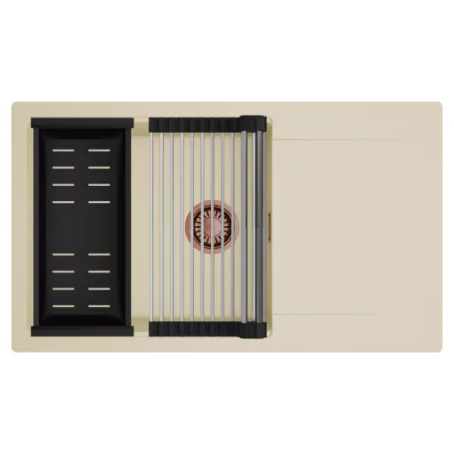 HD Onyx Beige 86-XL egymedencés mosogatótálca szett, acél csepegtetőráccsal és matt fekete kosárral, csepegtetőtálcával, soft bézs színben, szálcsiszolt réz leeresztő szifonnal