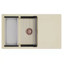 HD Onyx Beige 86-XL egymedencés mosogatótálca szett, acél csepegtetőráccsal és kosárral, csepegtetőtálcával, soft bézs színben, szálcsiszolt réz leeresztő szifonnal