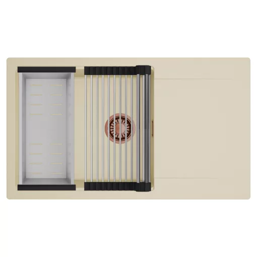 HD Onyx Beige 86-XL egymedencés mosogatótálca szett, acél csepegtetőráccsal és kosárral, csepegtetőtálcával, soft bézs színben, szálcsiszolt réz leeresztő szifonnal