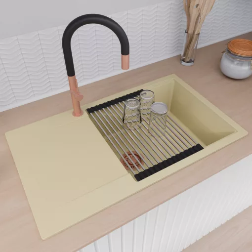 HD Onyx Beige 86-XL egymedencés mosogatótálca szett, acél csepegtetőráccsal és kosárral, csepegtetőtálcával, soft bézs színben, szálcsiszolt réz leeresztő szifonnal