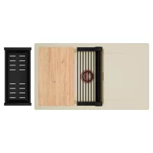 HD Onyx Beige 86-XL egymedencés gránit mosogatótálca szett, csepegtetőtálcával, vágódeszkával, matt fekete csepegtetőráccsal és kosárral, soft bézs színben, szálcsiszolt réz leeresztő szifonnal