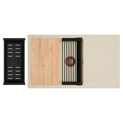 HD Onyx Beige 86-XL egymedencés gránit mosogatótálca szett, csepegtetőtálcával, vágódeszkával, matt fekete csepegtetőráccsal és kosárral, soft bézs színben, szálcsiszolt réz leeresztő szifonnal