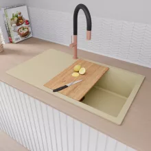 HD Onyx Beige 86-XL egymedencés gránit mosogatótálca szett, csepegtetőtálcával, vágódeszkával, matt fekete csepegtetőráccsal és kosárral, soft bézs színben, szálcsiszolt réz leeresztő szifonnal