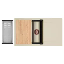 HD Onyx Beige 86-XL egymedencés gránit mosogatótálca szett, csepegtetőtálcával, vágódeszkával, matt fekete csepegtetőráccsal és krómozott kosárral, soft bézs színben, szálcsiszolt réz leeresztő szifonnal