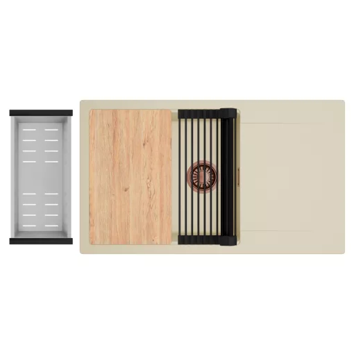 HD Onyx Beige 86-XL egymedencés gránit mosogatótálca szett, csepegtetőtálcával, vágódeszkával, matt fekete csepegtetőráccsal és krómozott kosárral, soft bézs színben, szálcsiszolt réz leeresztő szifonnal