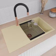 HD Onyx Beige 86-XL egymedencés gránit mosogatótálca szett, csepegtetőtálcával, vágódeszkával, matt fekete csepegtetőráccsal és krómozott kosárral, soft bézs színben, szálcsiszolt réz leeresztő szifonnal