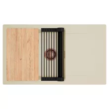 HD Onyx Beige 86-XL egymedencés gránit mosogatótálca szett, csepegtetőtálcával, vágódeszkával, matt fekete csepegtetőráccsal, soft bézs színben, szálcsiszolt réz leeresztő szifonnal