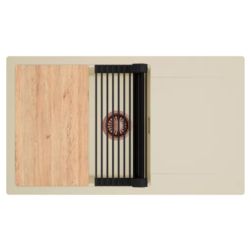 HD Onyx Beige 86-XL egymedencés gránit mosogatótálca szett, csepegtetőtálcával, vágódeszkával, matt fekete csepegtetőráccsal, soft bézs színben, szálcsiszolt réz leeresztő szifonnal