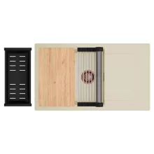 HD Onyx Beige 86-XL egymedencés gránit mosogatótálca szett, csepegtetőtálcával, vágódeszkával, acél csepegtetőráccsal és matt fekete kosárral, soft bézs színben, szálcsiszolt réz leeresztő szifonnal