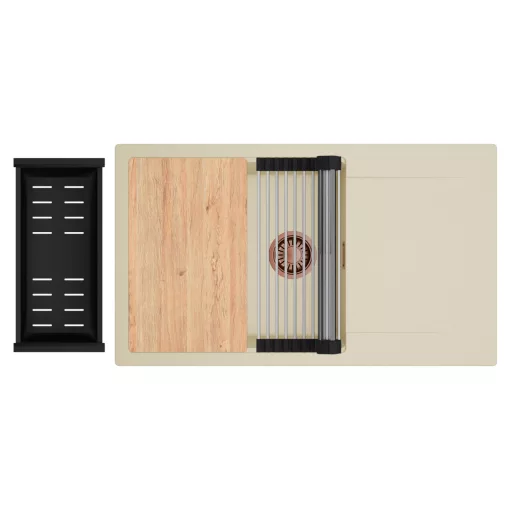 HD Onyx Beige 86-XL egymedencés gránit mosogatótálca szett, csepegtetőtálcával, vágódeszkával, acél csepegtetőráccsal és matt fekete kosárral, soft bézs színben, szálcsiszolt réz leeresztő szifonnal