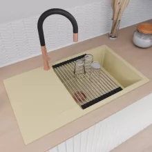 HD Onyx Beige 86-XL egymedencés gránit mosogatótálca szett, csepegtetőtálcával, vágódeszkával, acél csepegtetőráccsal és matt fekete kosárral, soft bézs színben, szálcsiszolt réz leeresztő szifonnal