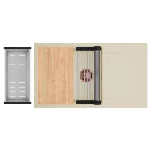 HD Onyx Beige 86-XL egymedencés gránit mosogatótálca szett, csepegtetőtálcával, vágódeszkával, acél csepegtetőráccsal és kosárral, soft bézs színben, szálcsiszolt réz leeresztő szifonnal