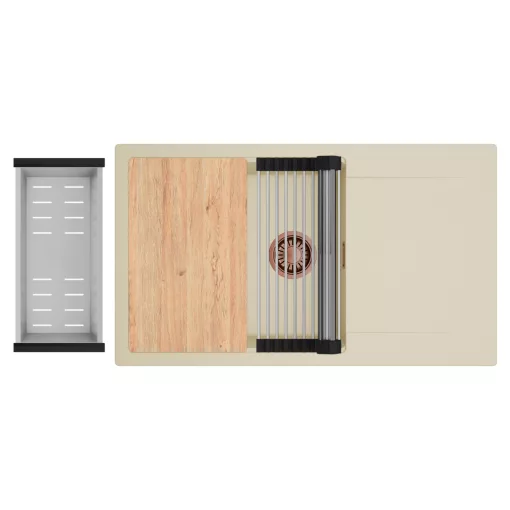 HD Onyx Beige 86-XL egymedencés gránit mosogatótálca szett, csepegtetőtálcával, vágódeszkával, acél csepegtetőráccsal és kosárral, soft bézs színben, szálcsiszolt réz leeresztő szifonnal