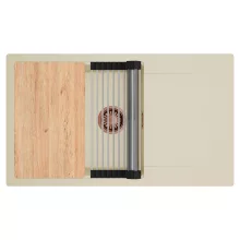 HD Onyx Beige 86-XL egymedencés gránit mosogatótálca szett, csepegtetőtálcával, vágódeszkával, acél csepegtetőráccsal, soft bézs színben, szálcsiszolt réz leeresztő szifonnal