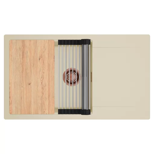 HD Onyx Beige 86-XL egymedencés gránit mosogatótálca szett, csepegtetőtálcával, vágódeszkával, acél csepegtetőráccsal, soft bézs színben, szálcsiszolt réz leeresztő szifonnal