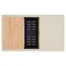 HD Onyx Beige 86-XL egymedencés gránit mosogatótálca szett, csepegtetőtálcával, vágódeszkával, matt fekete csepegtetőkosárral, soft bézs színben, szálcsiszolt réz leeresztő szifonnal