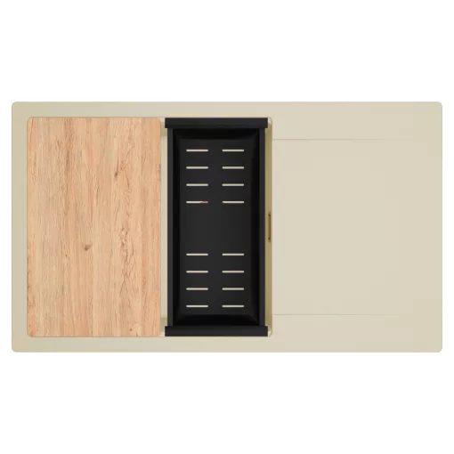 HD Onyx Beige 86-XL egymedencés gránit mosogatótálca szett, csepegtetőtálcával, vágódeszkával, matt fekete csepegtetőkosárral, soft bézs színben, szálcsiszolt réz leeresztő szifonnal