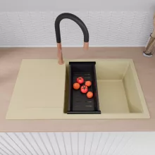 HD Onyx Beige 86-XL egymedencés gránit mosogatótálca szett, csepegtetőtálcával, vágódeszkával, matt fekete csepegtetőkosárral, soft bézs színben, szálcsiszolt réz leeresztő szifonnal