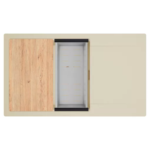 HD Onyx Beige 86-XL egymedencés gránit mosogatótálca szett, csepegtetőtálcával, vágódeszkával, acél csepegtetőkosárral, soft bézs színben, szálcsiszolt réz leeresztő szifonnal